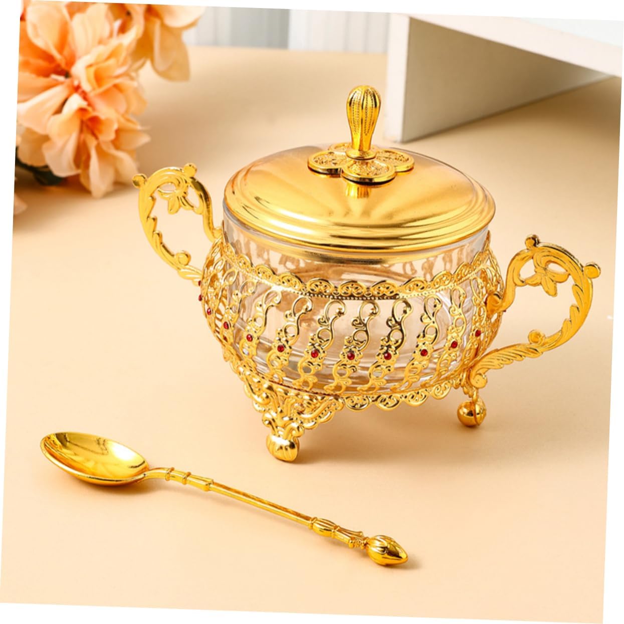 وعاء سكر مع غطاء وملعقة، وعاء  - مراجعة Kitchen Gadgets Gold وسعره
